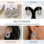 Oval Hollow Abstract Textured Silver Earrings Nestasia