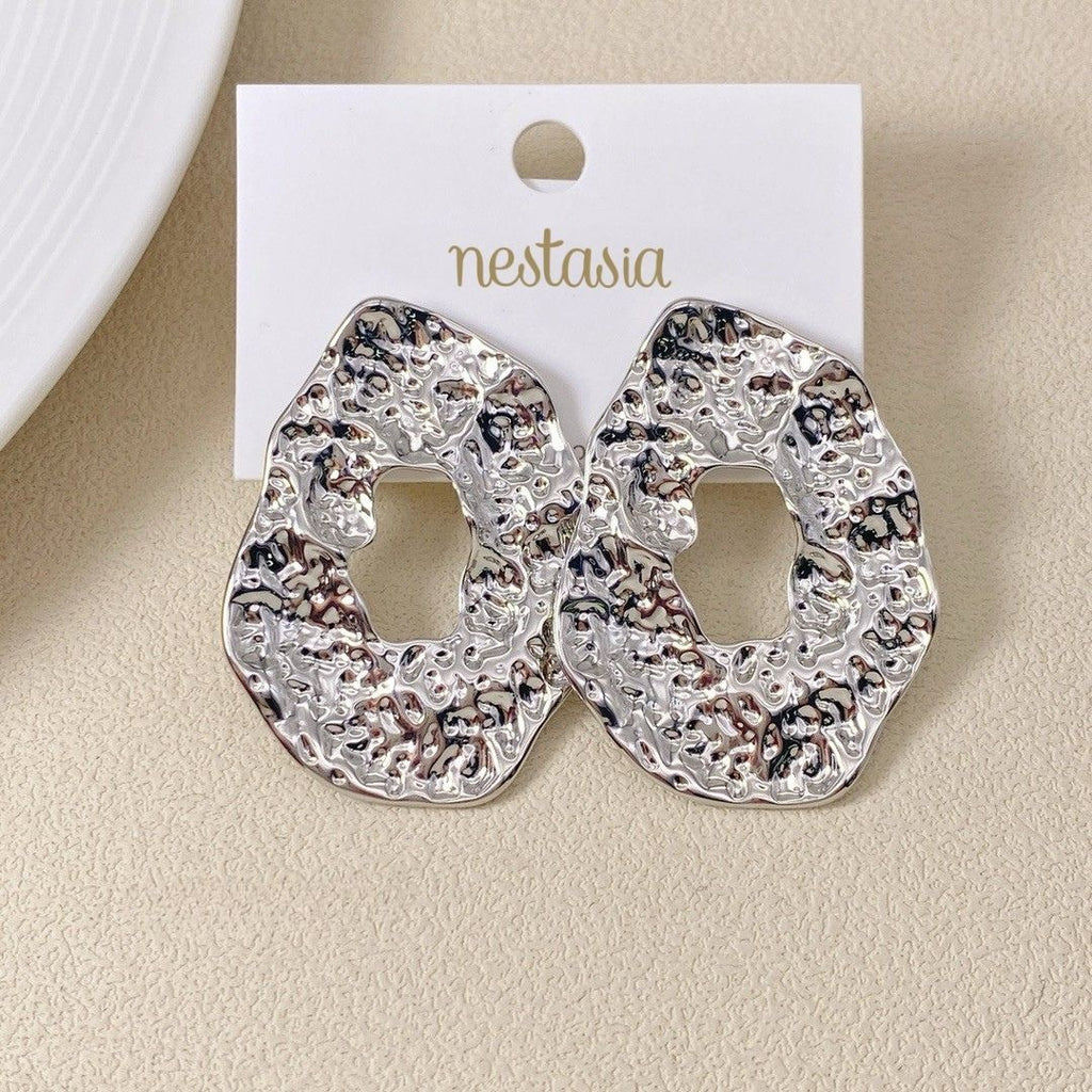 Oval Hollow Abstract Textured Silver Earrings Nestasia