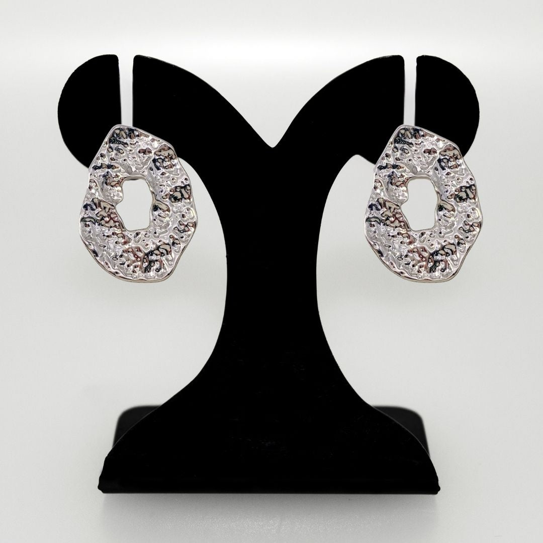 Oval Hollow Abstract Textured Silver Earrings Nestasia