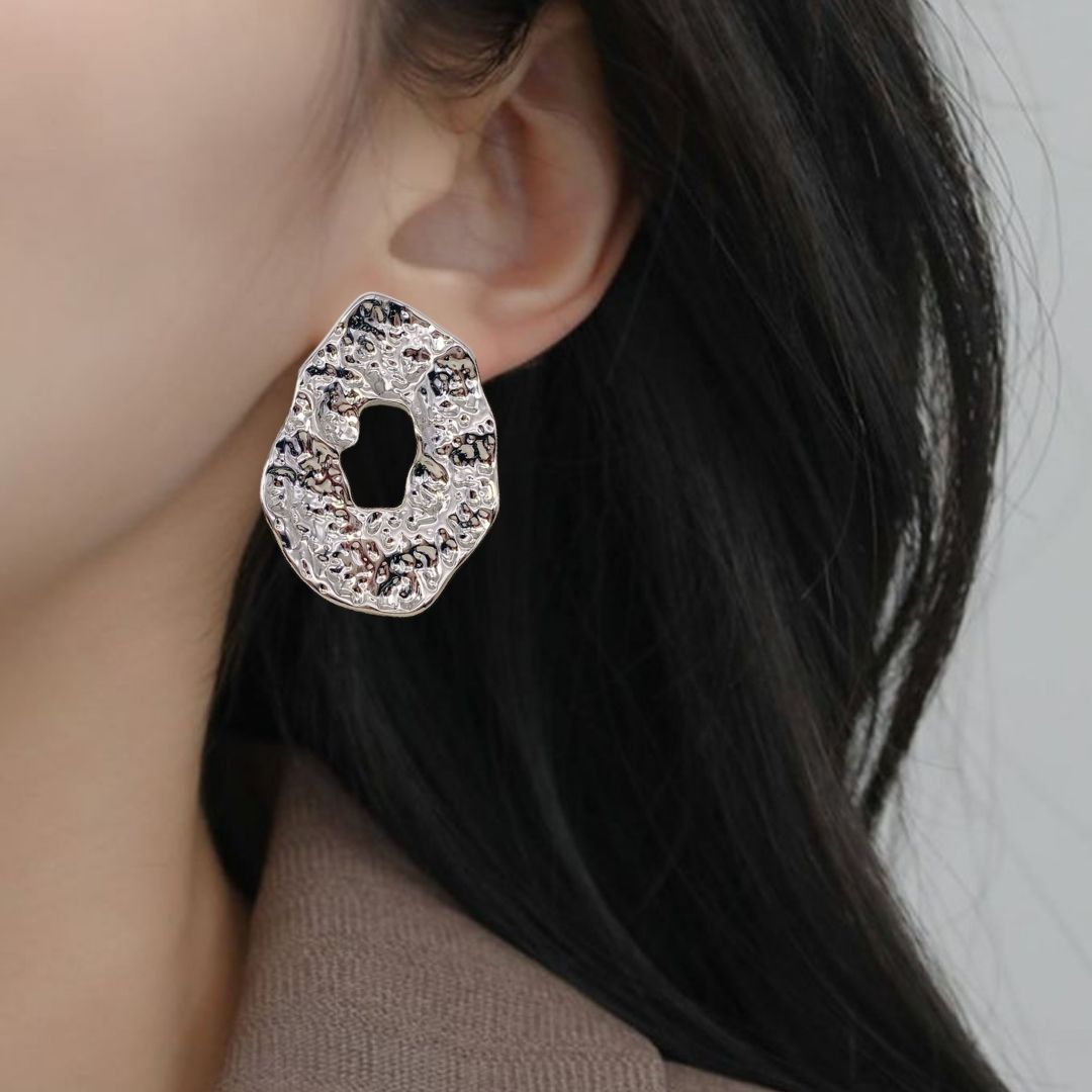 Oval Hollow Abstract Textured Silver Earrings Nestasia