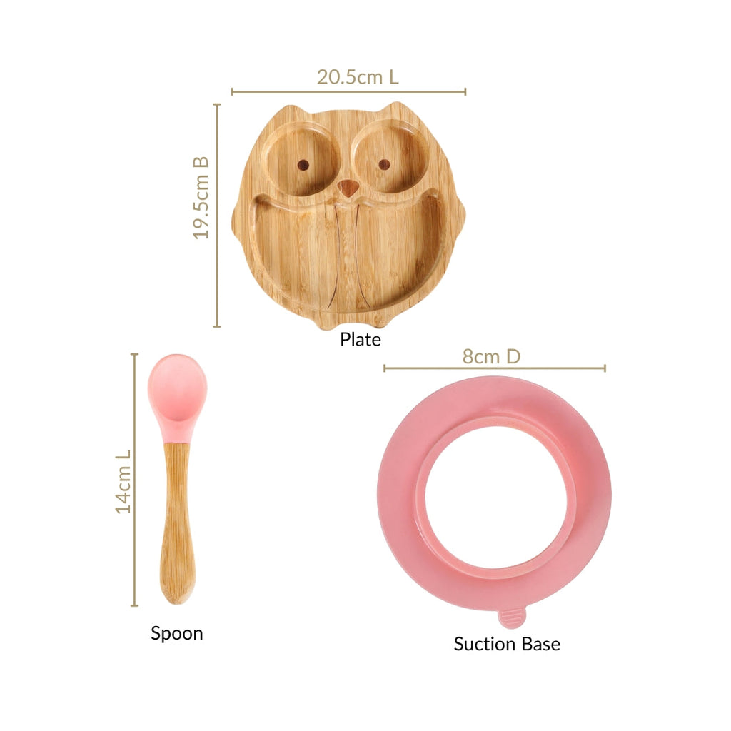 Owl Suction Base All Natural Bamboo Divided Plate Silicon Spoon Set Nestasia