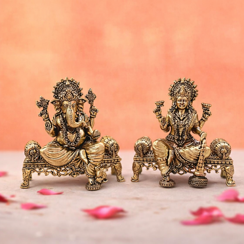 Brass Lightweight Ganesha And Lakshmi Sitting On Throne Idols (4.5 Inch) Vedansh Craft
