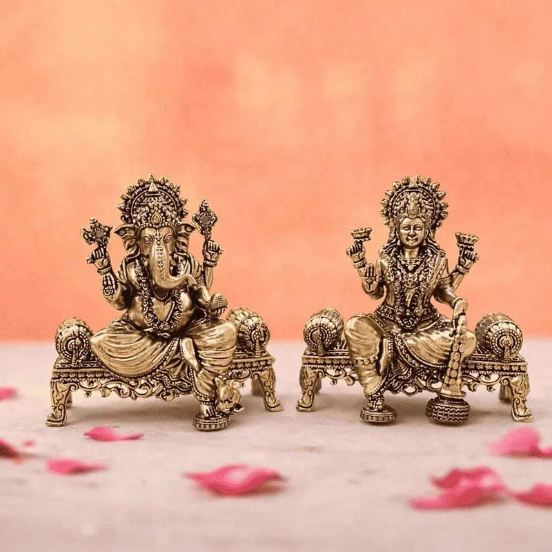 Brass Lightweight Ganesha And Lakshmi Sitting On Throne Idols (4.5 Inch) Vedansh Craft