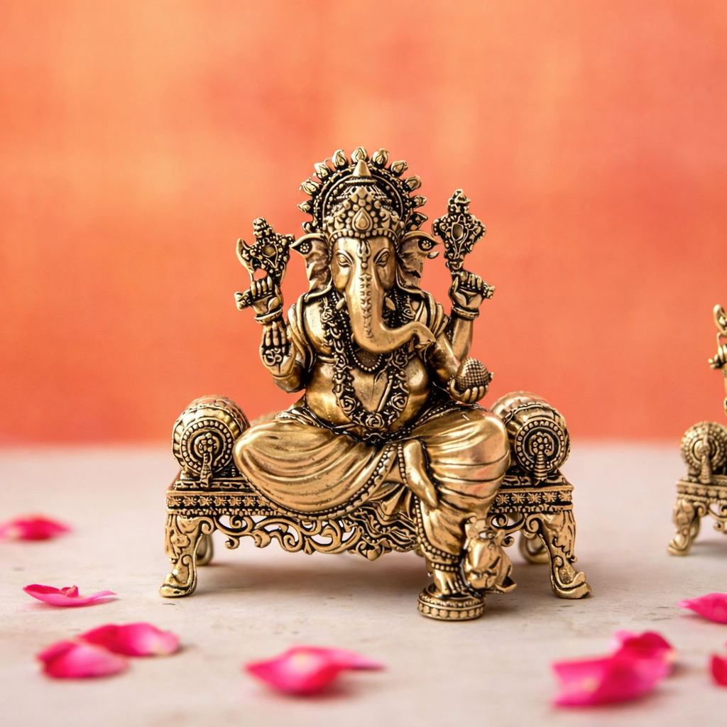 Brass Lightweight Ganesha And Lakshmi Sitting On Throne Idols (4.5 Inch) Vedansh Craft