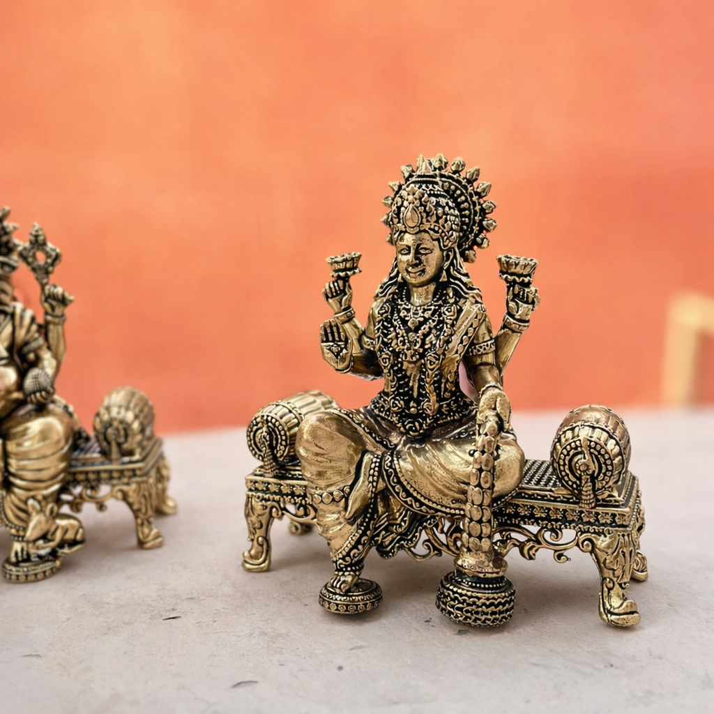 Brass Lightweight Ganesha And Lakshmi Sitting On Throne Idols (4.5 Inch) Vedansh Craft