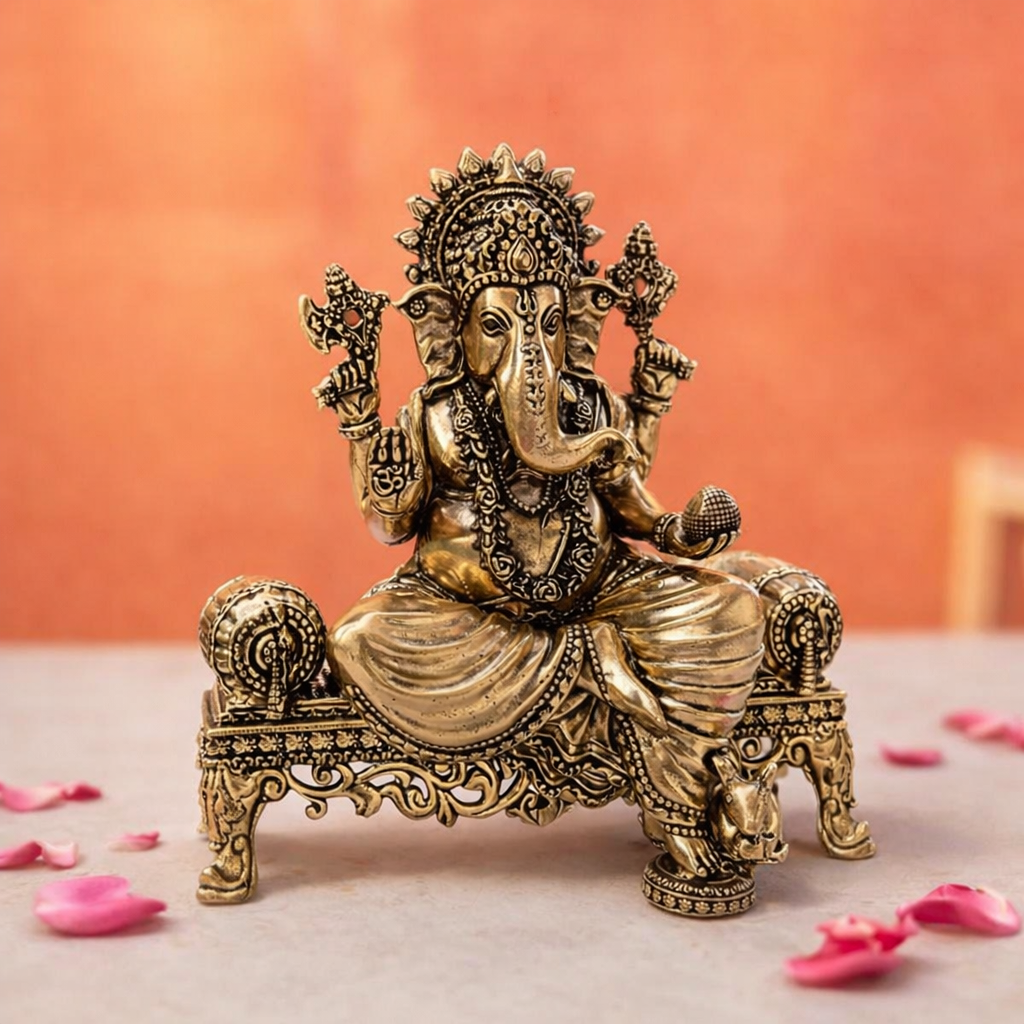 Brass Lightweight Ganesha And Lakshmi Sitting On Throne Idols (4.5 Inch) Vedansh Craft