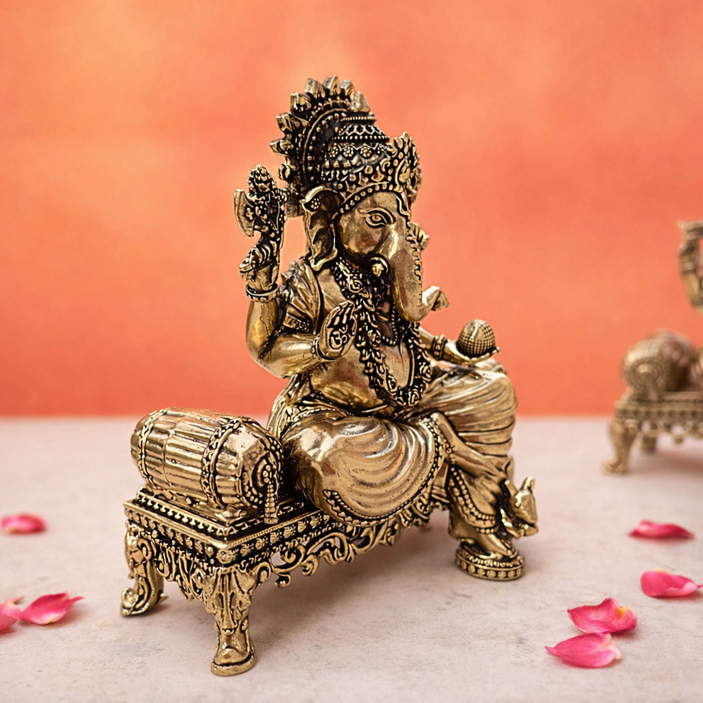 Brass Lightweight Ganesha And Lakshmi Sitting On Throne Idols (4.5 Inch) Vedansh Craft