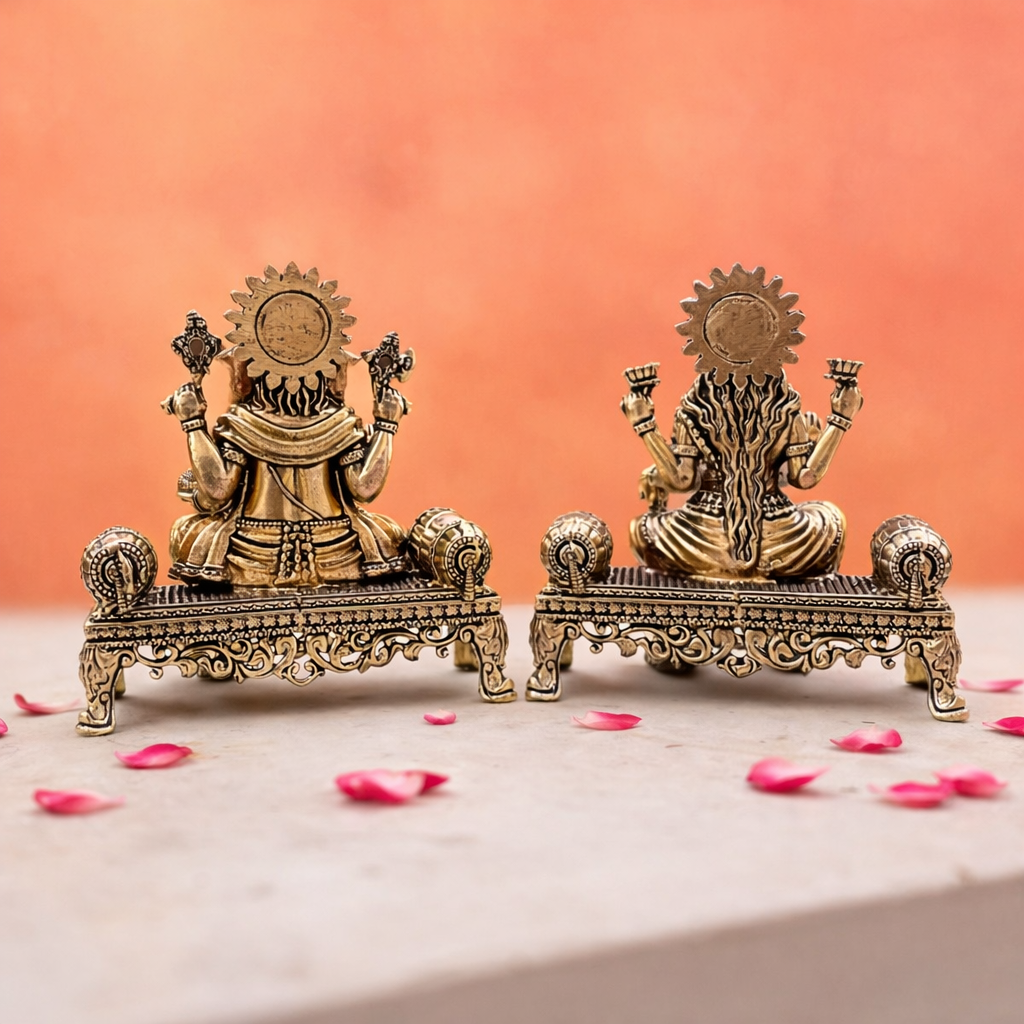 Brass Lightweight Ganesha And Lakshmi Sitting On Throne Idols (4.5 Inch) Vedansh Craft