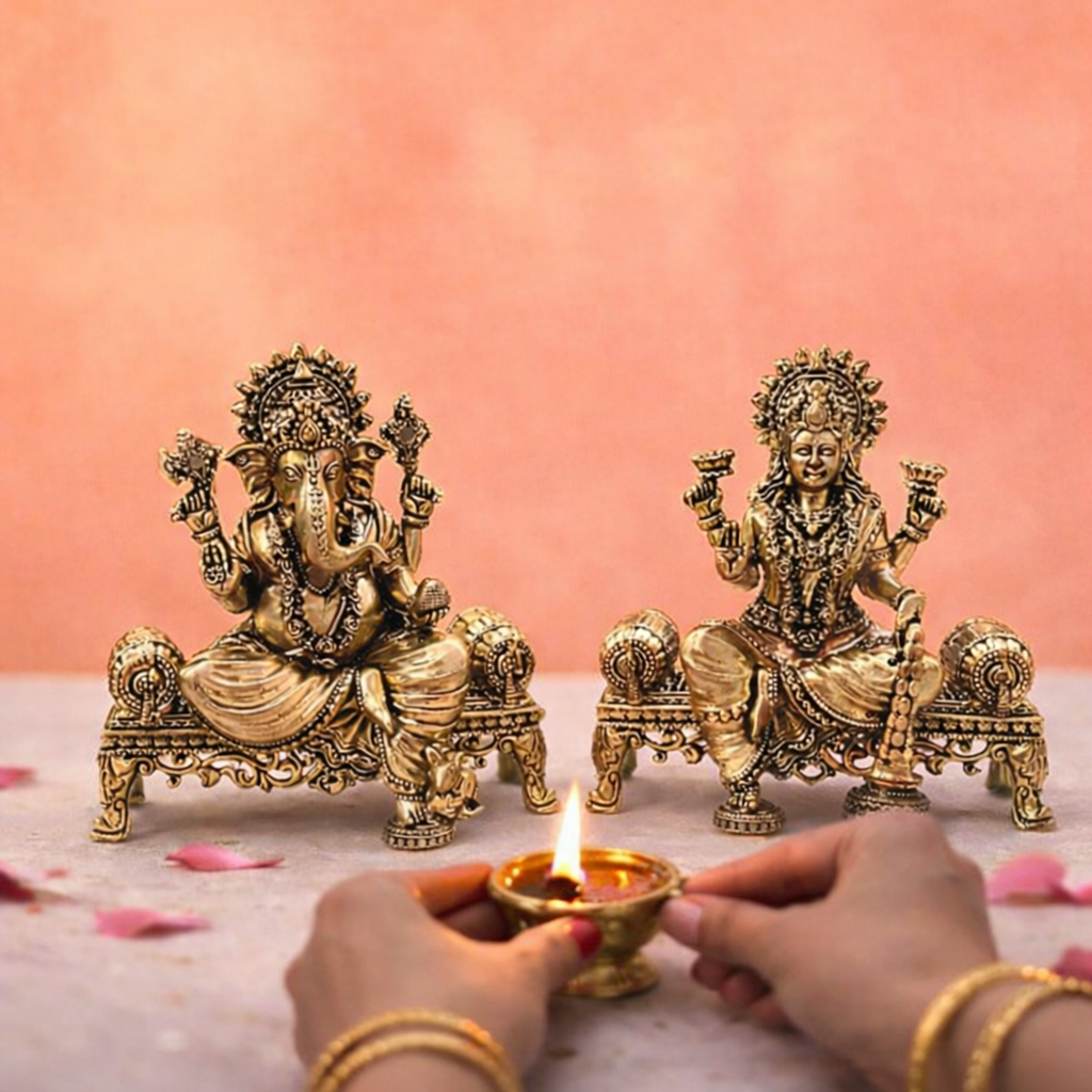 Brass Lightweight Ganesha And Lakshmi Sitting On Throne Idols (4.5 Inch) Vedansh Craft
