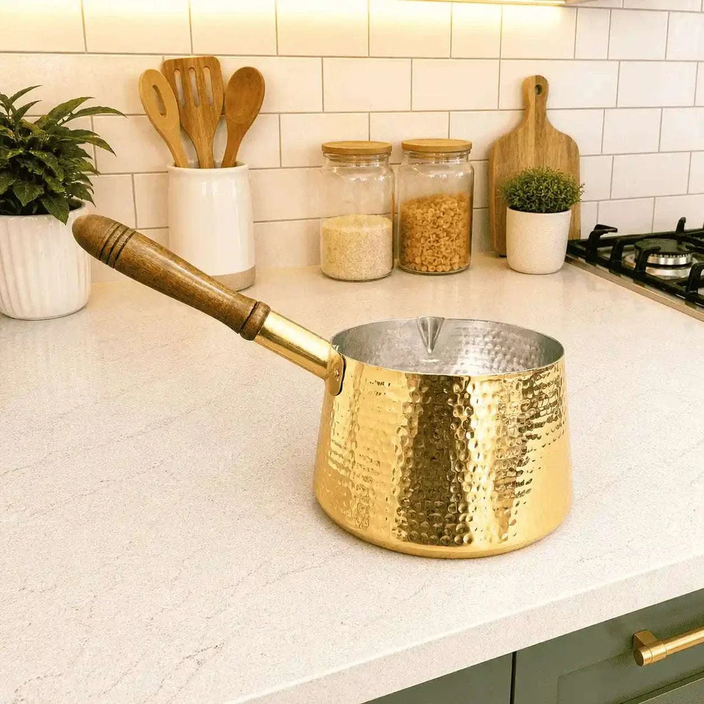 Brass Hammered Sauce Pan With Wooden Handle (4.8 Inch) Vedansh Craft