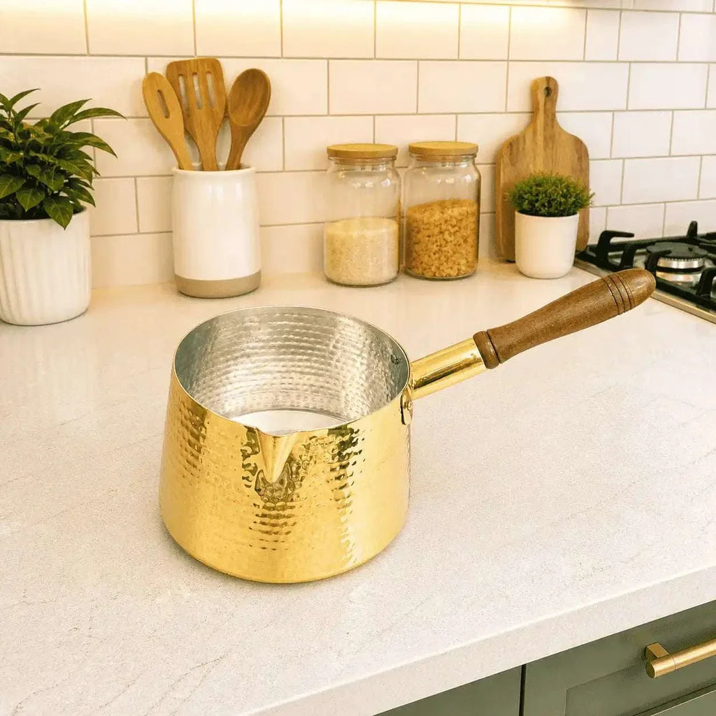 Brass Hammered Sauce Pan With Wooden Handle (4.8 Inch) Vedansh Craft