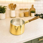Brass Hammered Sauce Pan With Wooden Handle (4.8 Inch) Vedansh Craft