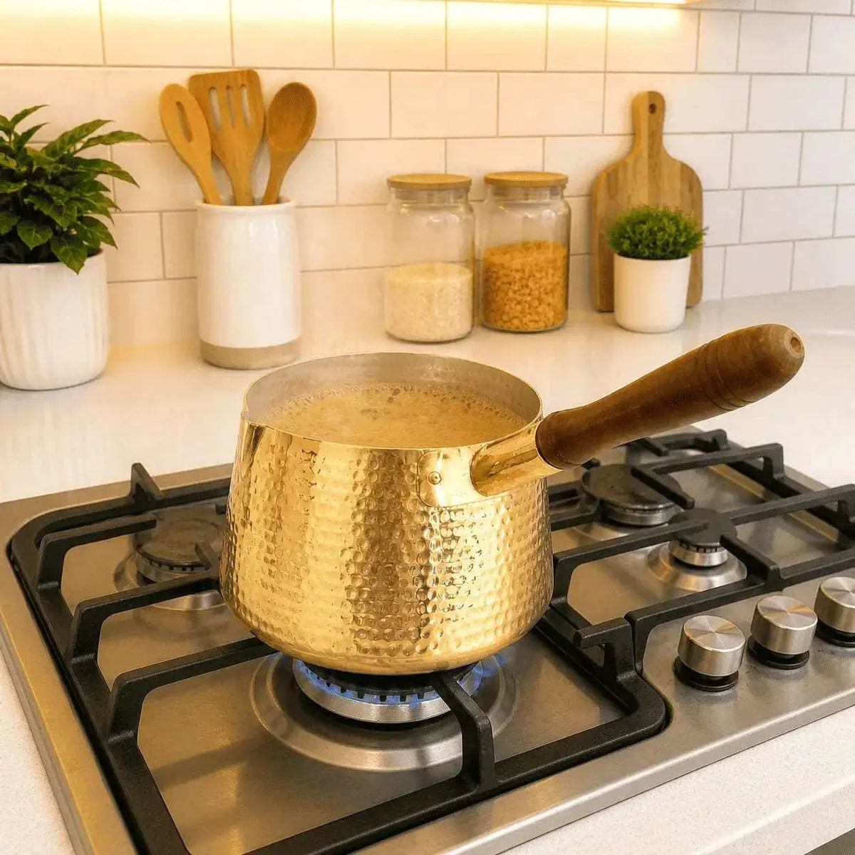 Brass Hammered Sauce Pan With Wooden Handle (4.8 Inch) Vedansh Craft