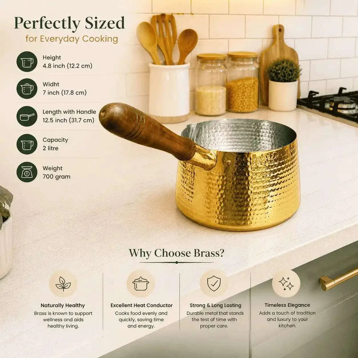 Brass Hammered Sauce Pan With Wooden Handle (4.8 Inch) Vedansh Craft