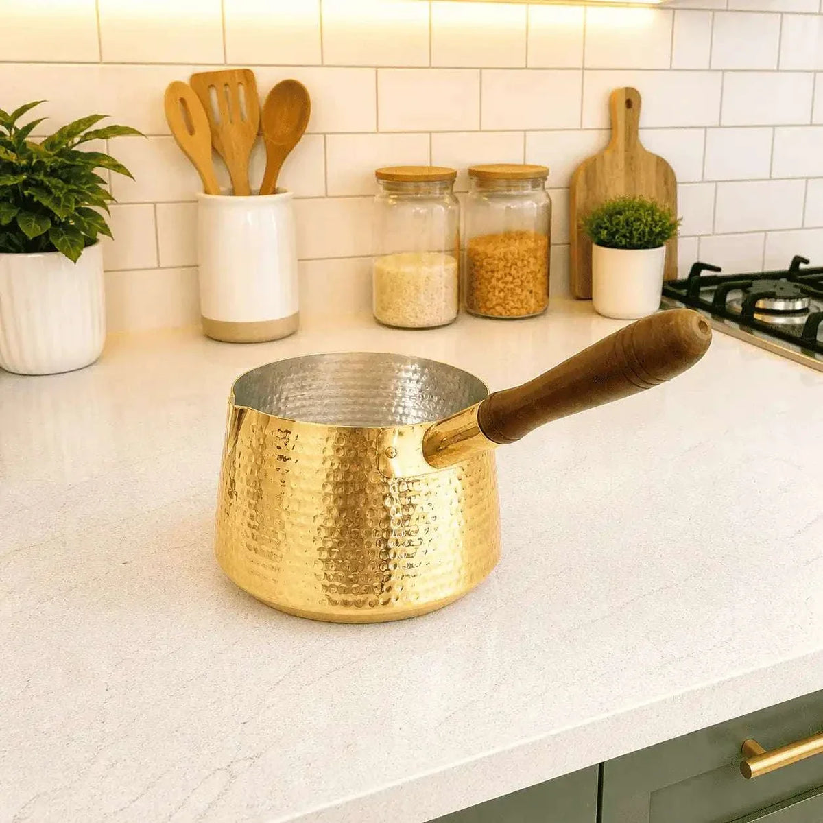 Brass Hammered Sauce Pan With Wooden Handle (4.8 Inch) Vedansh Craft