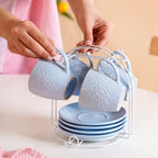 Soft Pastel Ceramic Tea Cup And Saucer Set For 4 With Stand 200ml Nestasia