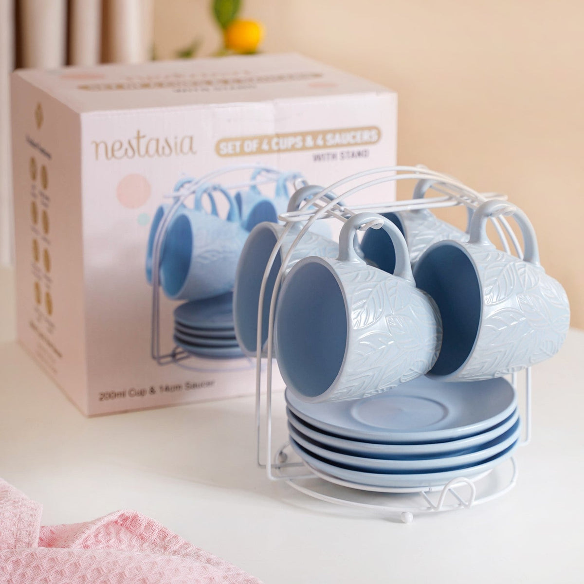 Soft Pastel Ceramic Tea Cup And Saucer Set For 4 With Stand 200ml Nestasia