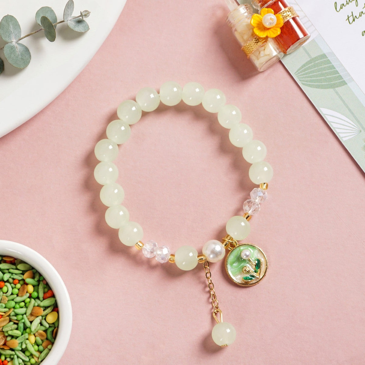 Pastel Green Bracelet Rakhi Gift Set Nestasia