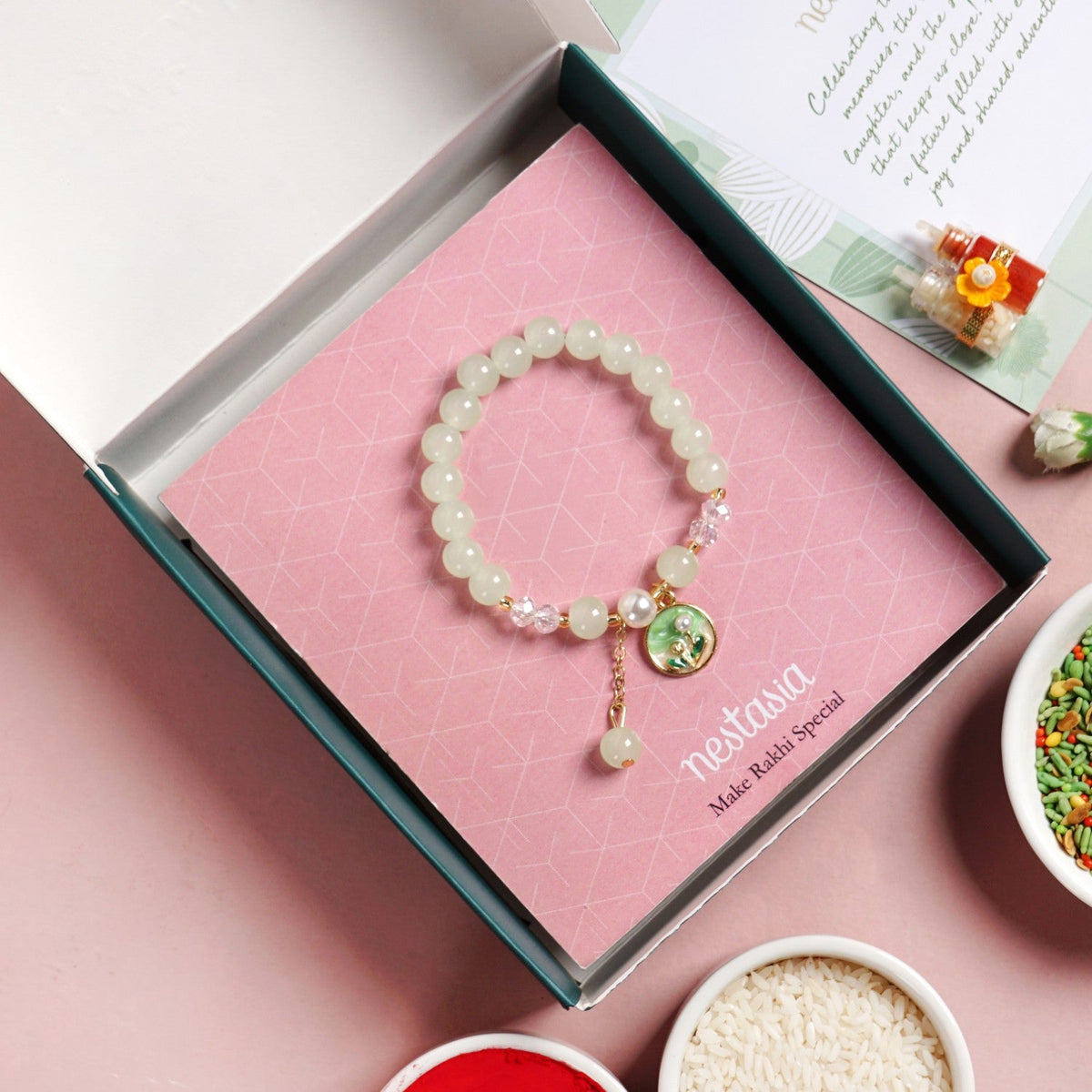 Pastel Green Bracelet Rakhi Gift Set Nestasia