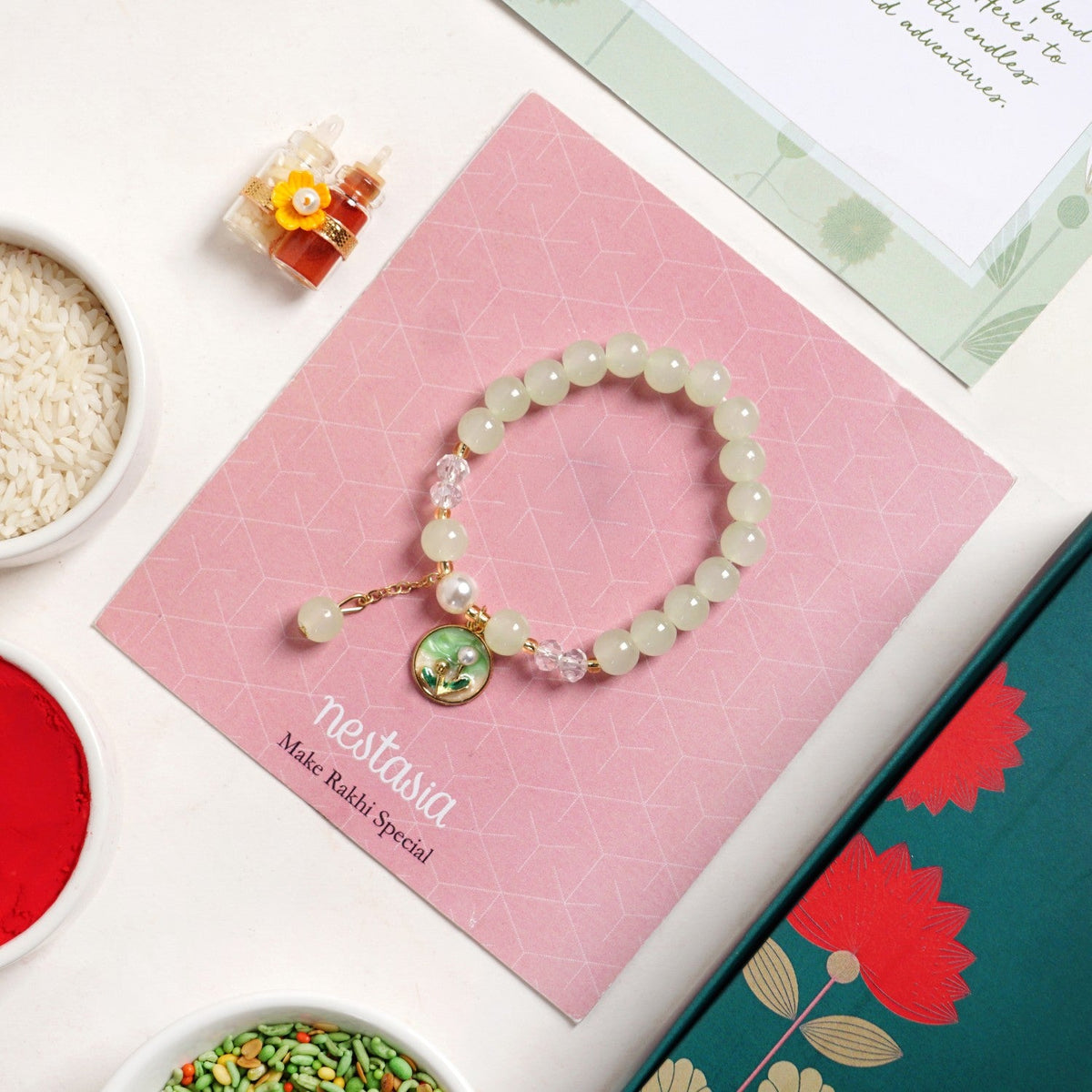Pastel Green Bracelet Rakhi Gift Set Nestasia
