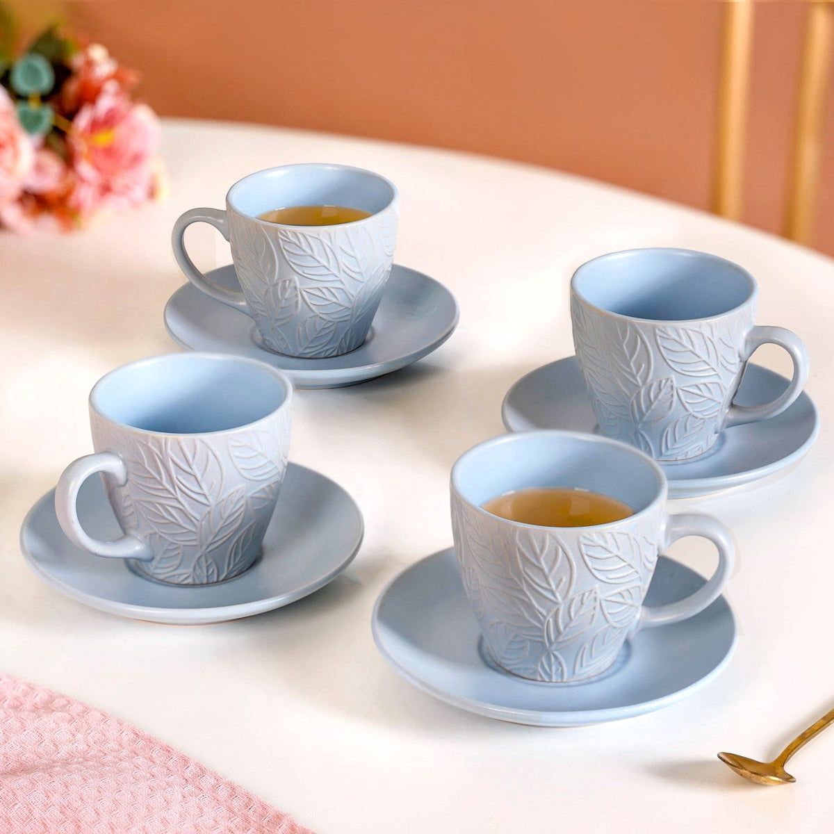 Soft Pastel Ceramic Tea Cup And Saucer Set For 4 With Stand 200ml Nestasia