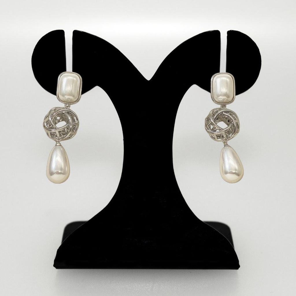 Pearl And Silver Overlapping Ring Danglers Nestasia