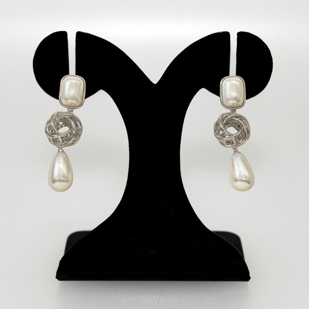 Pearl And Silver Overlapping Ring Danglers Nestasia