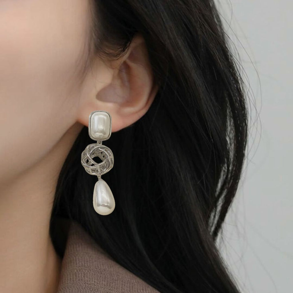 Pearl And Silver Overlapping Ring Danglers Nestasia