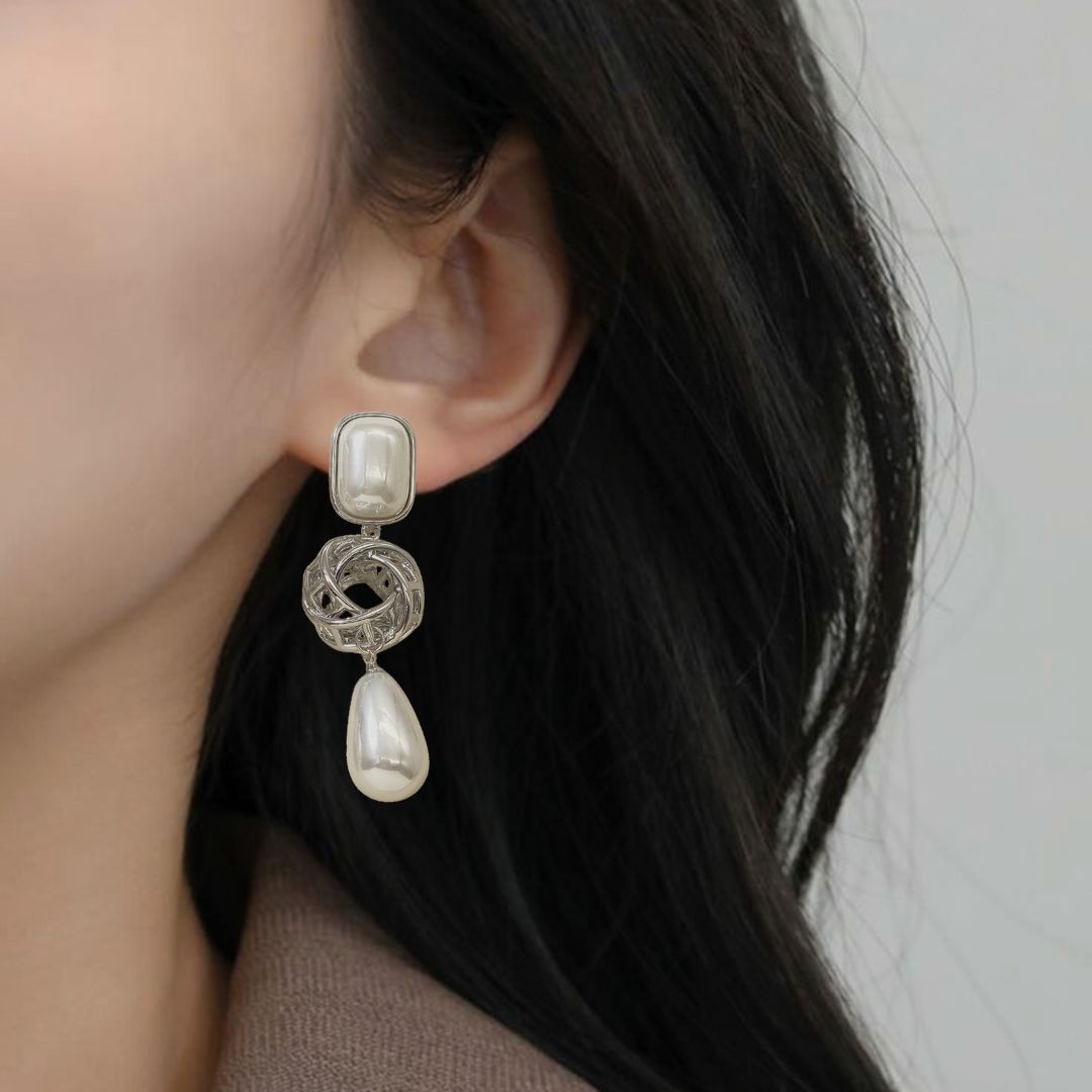 Pearl And Silver Overlapping Ring Danglers Nestasia