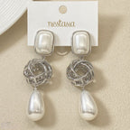 Pearl And Silver Overlapping Ring Danglers Nestasia