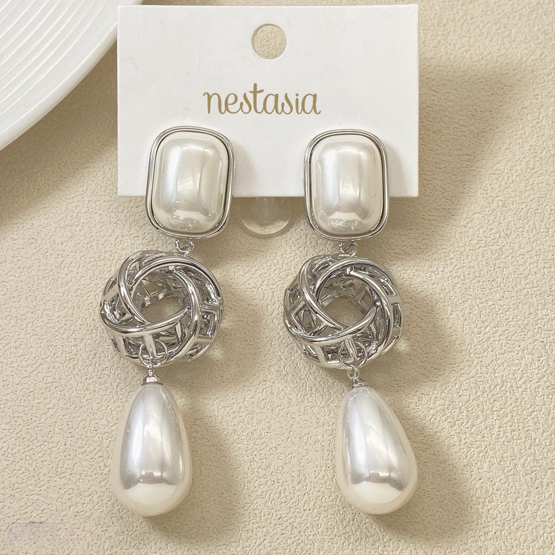 Pearl And Silver Overlapping Ring Danglers Nestasia