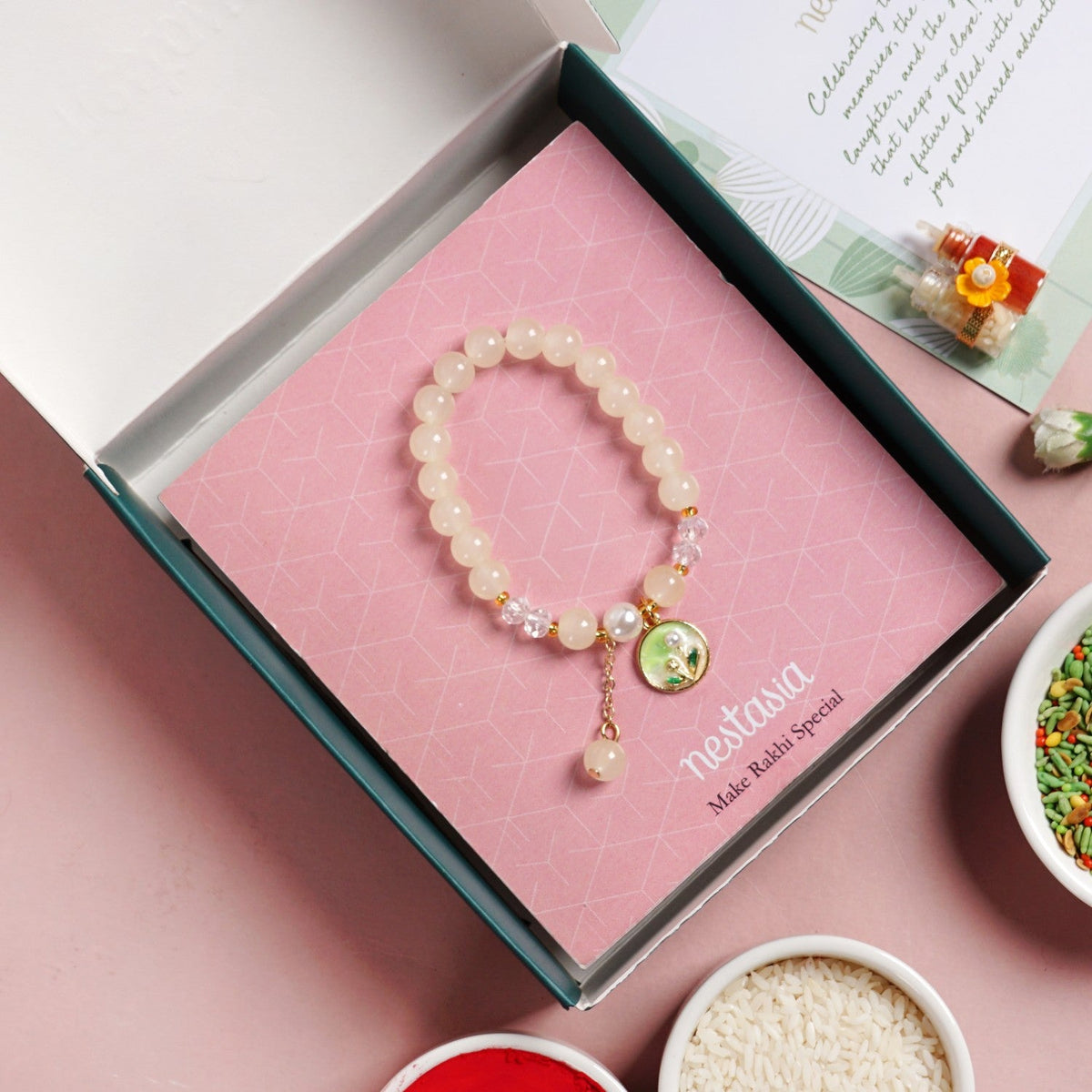 Pearl White Bracelet Rakhi Gift Set Nestasia