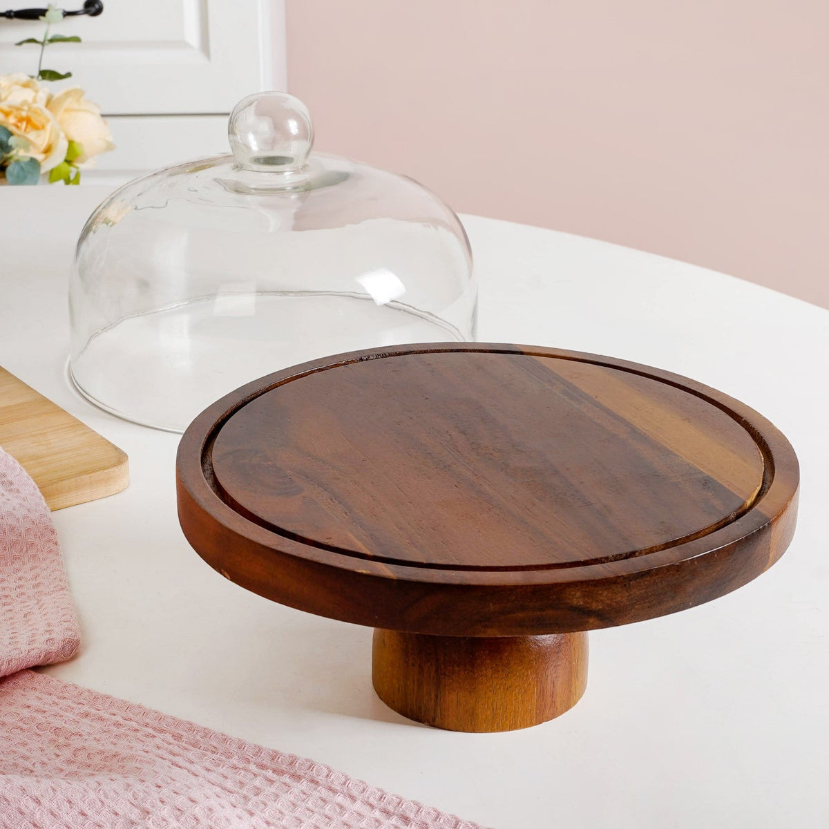 Pedestal Acacia Wood Cake Stand With Cloche 22cm Nestasia