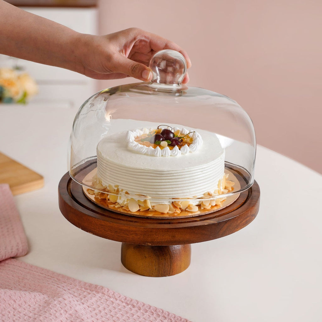 Pedestal Acacia Wood Cake Stand With Cloche 22cm Nestasia
