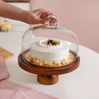 Pedestal Acacia Wood Cake Stand With Cloche 22cm Nestasia