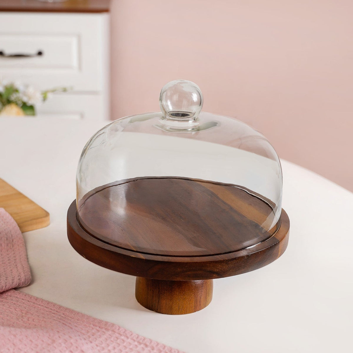 Pedestal Acacia Wood Cake Stand With Cloche 22cm Nestasia