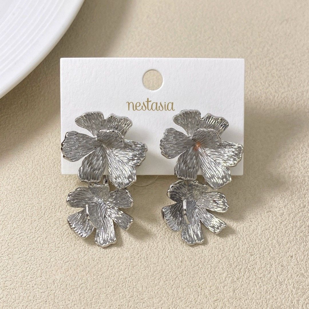 Peony Bloom Silver Drop Earrings Nestasia