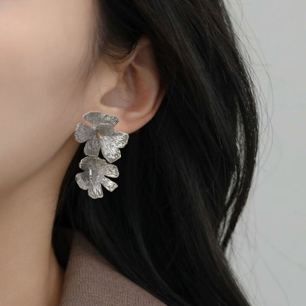 Peony Bloom Silver Drop Earrings Nestasia