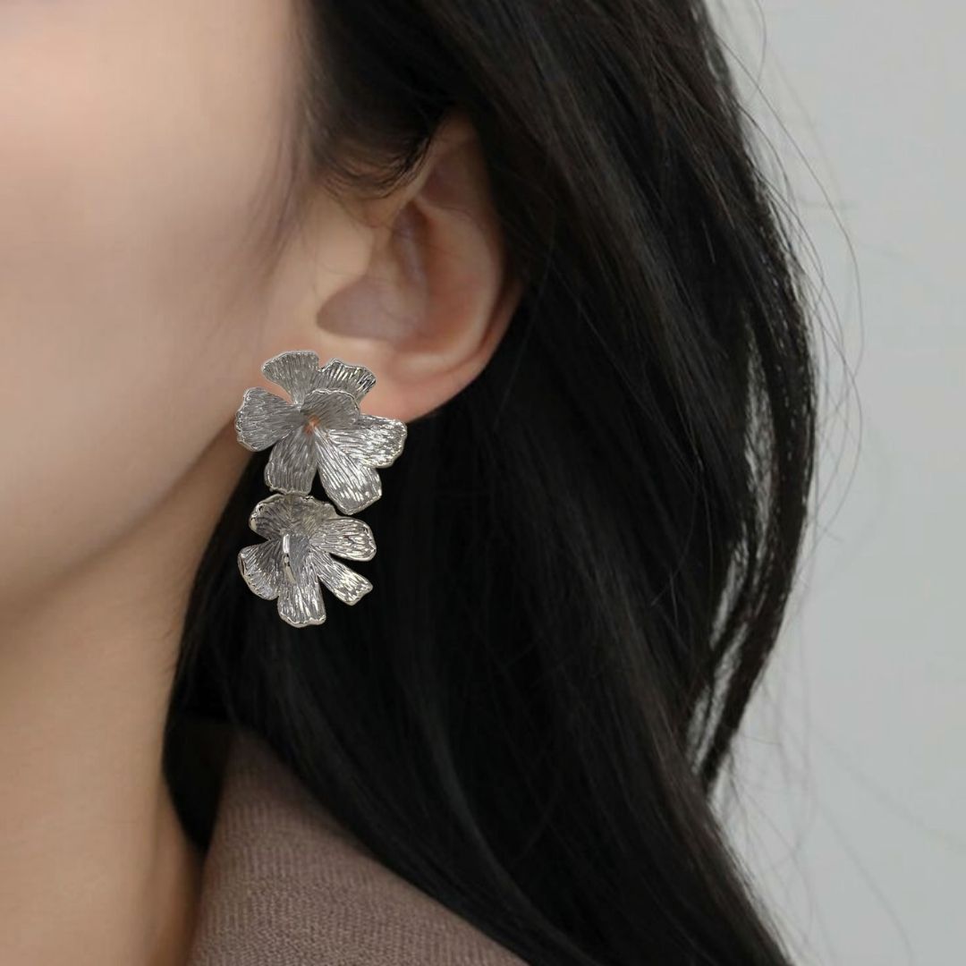 Peony Bloom Silver Drop Earrings Nestasia