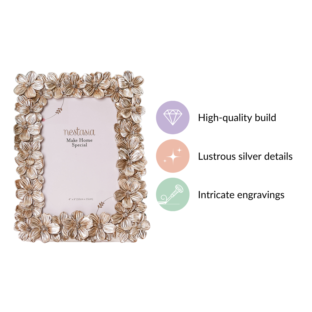 Silver Table Photo Frame With Flowers 8"x6.5" Nestasia