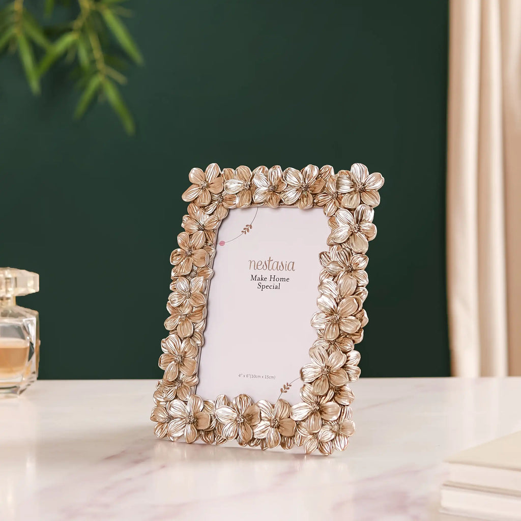 Silver Table Photo Frame With Flowers 8"x6.5" Nestasia