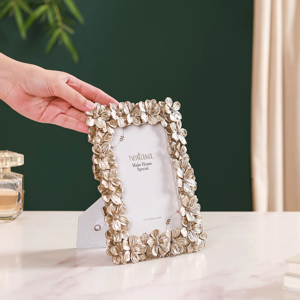 Silver Table Photo Frame With Flowers 8"x6.5" Nestasia