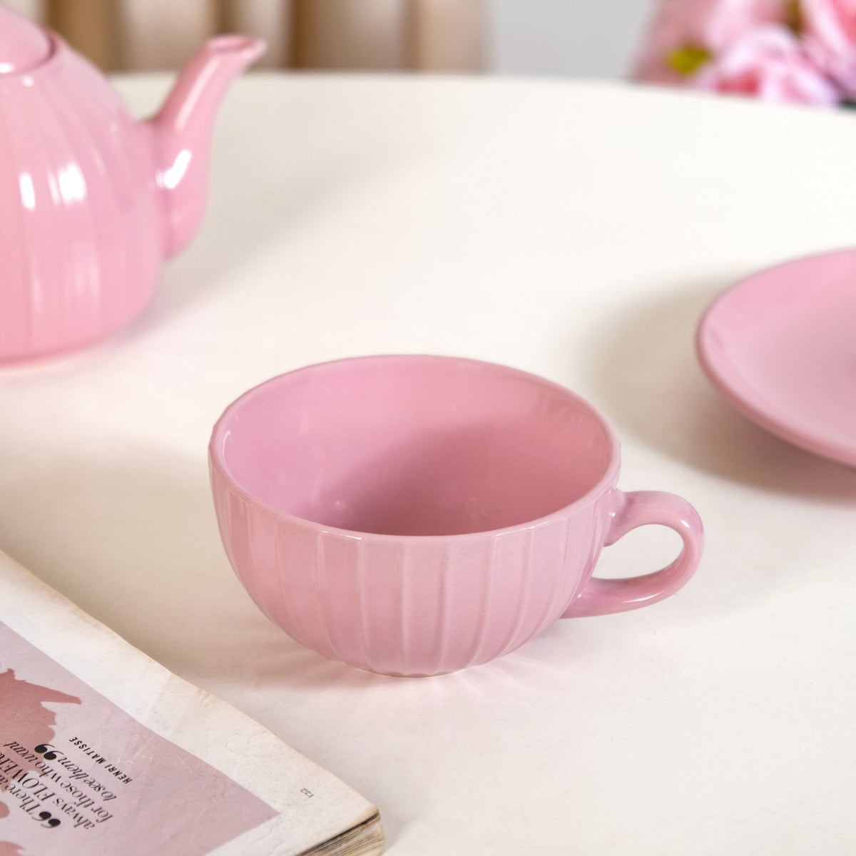 Ambrosia Ceramic Tea Kettle Cup And Saucer Set For 1 Pink Nestasia