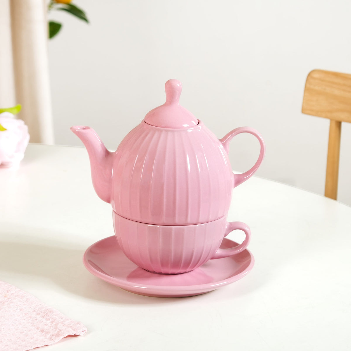 Ambrosia Ceramic Tea Kettle Cup And Saucer Set For 1 Pink Nestasia