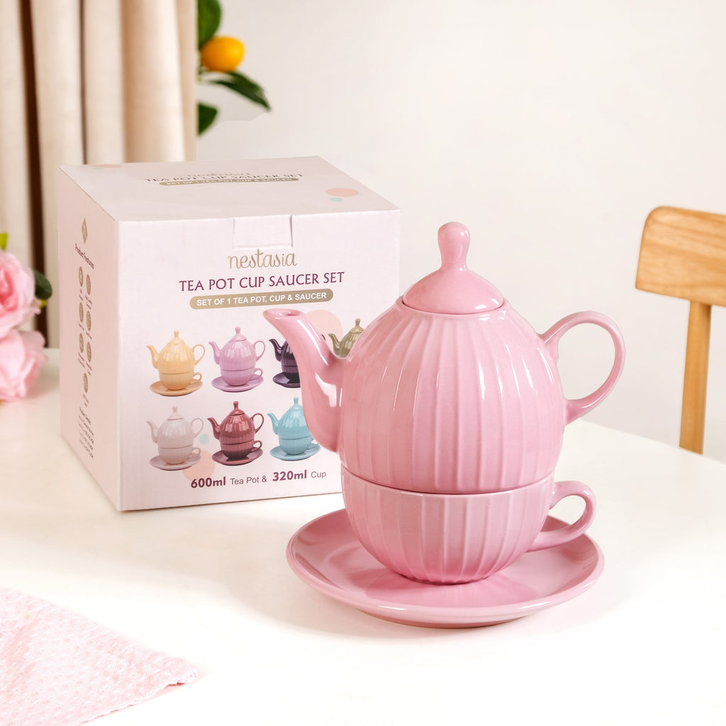 Ambrosia Ceramic Tea Kettle Cup And Saucer Set For 1 Pink Nestasia