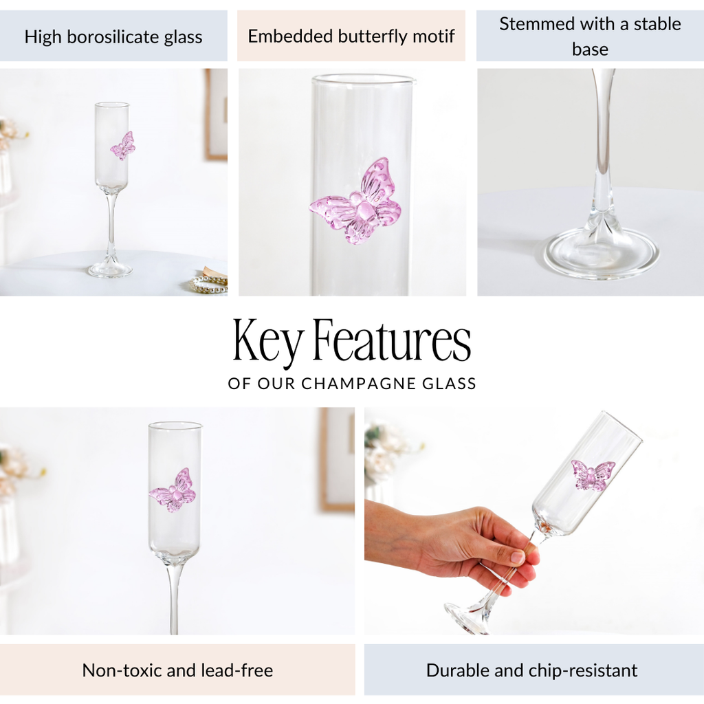 Pink Butterfly Champagne Flute Glass 200ml Nestasia