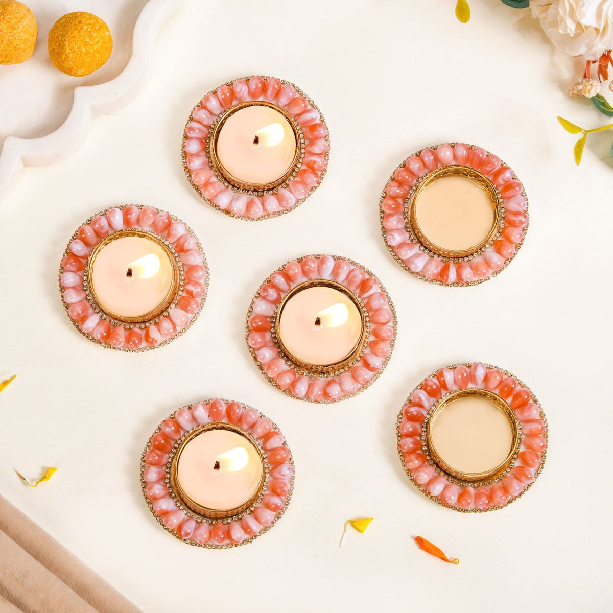 Pink Beaded Tea Light Candle Holders Set Of 6 Nestasia