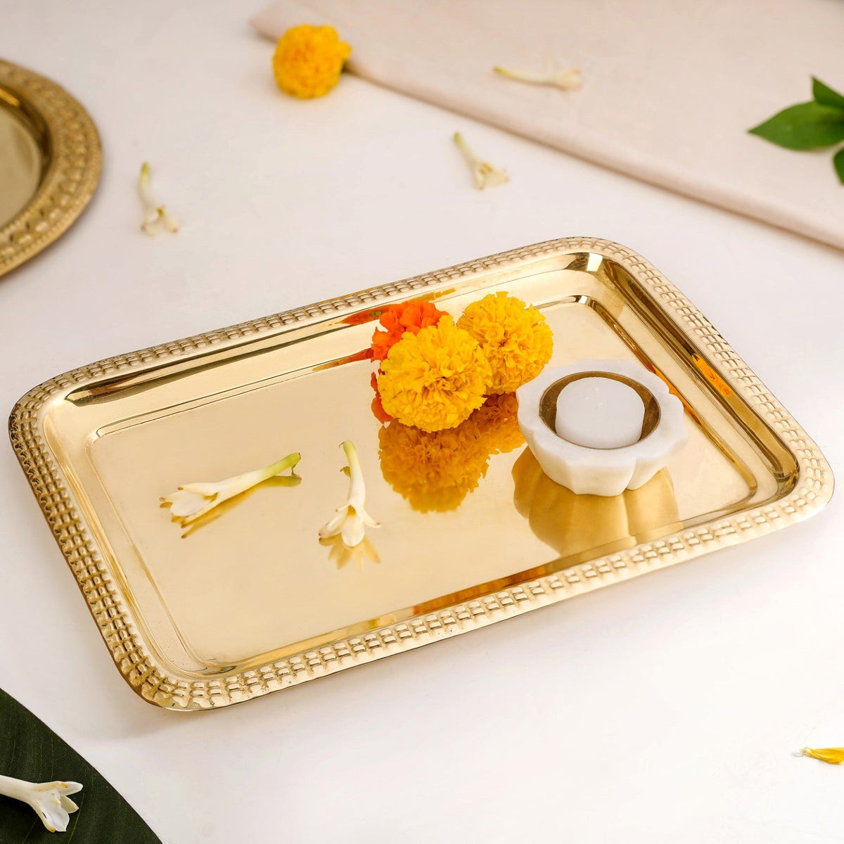 Veda Pure Brass Decorative Tray Gold 30x22cm Nestasia