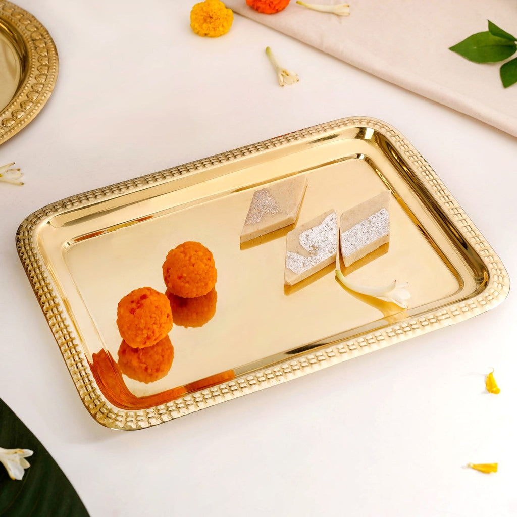 Veda Pure Brass Decorative Tray Gold 30x22cm Nestasia