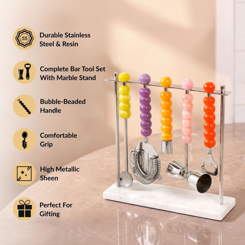 Bubble Pop Stainless Steel Bar Tool Set Of 5 With Stand Nestasia